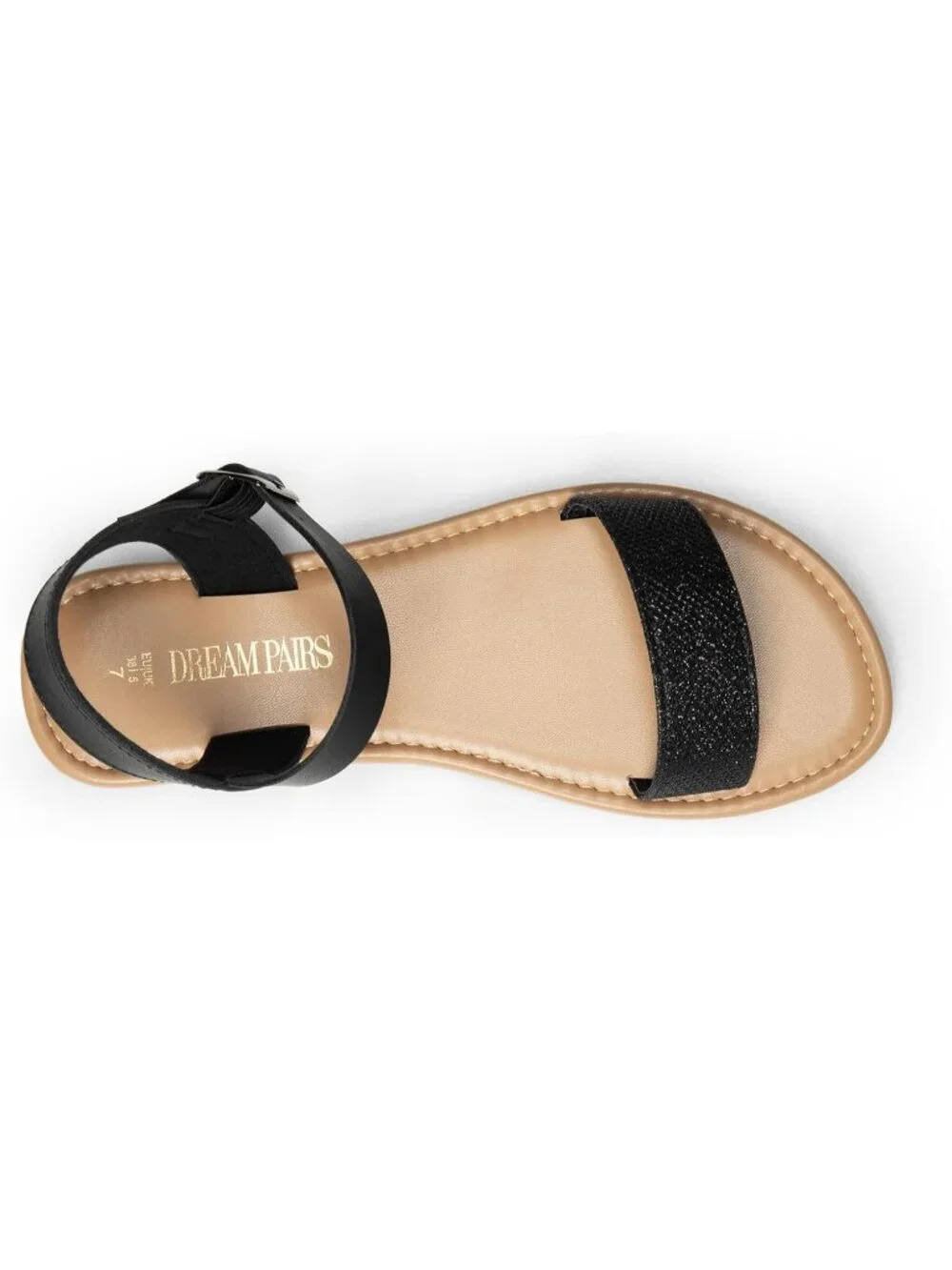 Women Black Glitter Flat Sandal Open Toe Ankle Strap Faux Leather Non Slip Shoes